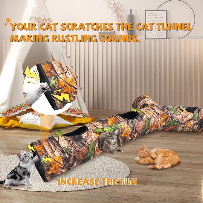 Cat Tunnels for Indoor Cats Large, 3 Way Cat Tunnel with 5 Holes and Leaves, Cat Tunnel Toy with Loud Paper - Pop Up Collapsible - Connect More Tunnels for Large Cat, Puppy, Kitten