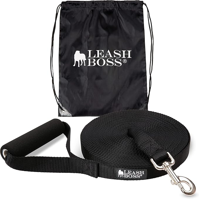 Leash Boss Free Range - Long Dog Leash for Large Dogs + Drawstring Backpack - 1 Inch Nylon Training Lead with Padded Handle (Black) (30 Ft)