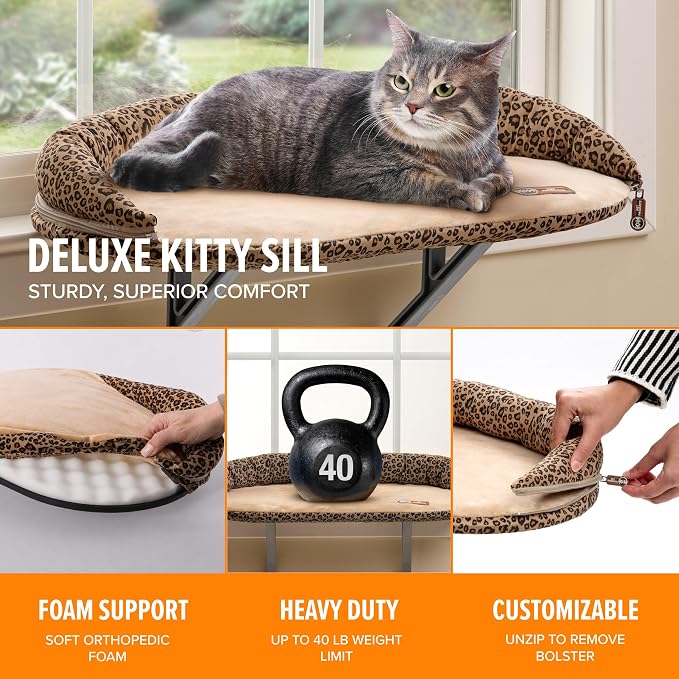 K&H Pet Products Bolster Kitty Sill Cat Window Perch Bed for Large Cats, Orthopedic Window Hammock Holds 40 lbs, Washable Cover, Indoor Windowsill Furniture Bed Seat - Tan/Leopard Unheated 14 X 24in