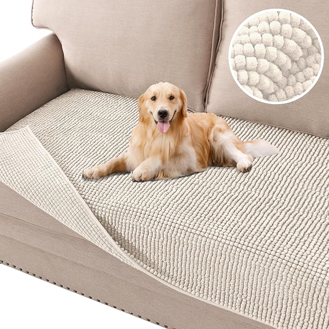 H.VERSAILTEX Plush Chenille Dog Bed Cover Thick Soft Sofa Covers Loveseat Cover for 2 Cushion Couch Anti Slip Couch Cover Furniture Protector for Dog, Pet, Cat (35" x 62", Ivory)