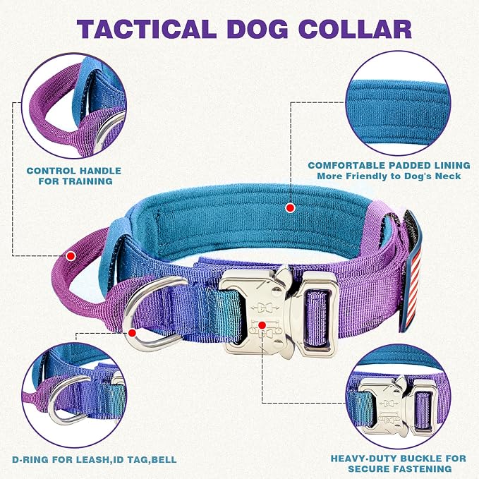 Tactical Dog Collar Military Dog Collar Adjustable Nylon Dog Collar Heavy Duty Metal Buckle with Handle for Dog Training,with Patches (Gradient 1, M)