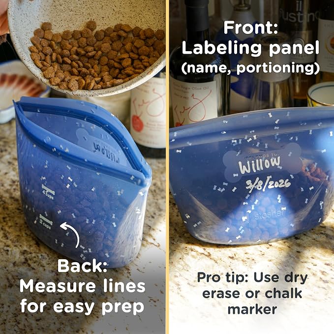 Stasher Dog Reusable Silicone Food Storage Essentials, 5 Piece Starter Kit | 4-Cup Dog Travel Bag, Treat Bag, and Dog Food Can Lids, Food Safe, Airtight Seal, Leak-Free, Freezer, Dishwasher, Pet Travel