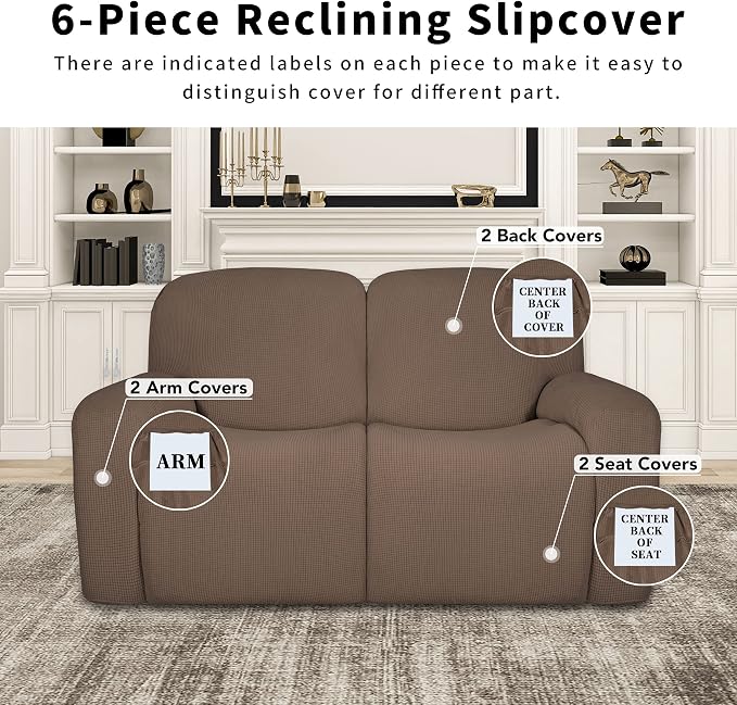 Easy-Going 100% Dual Waterproof Recliner Loveseat Cover, 6-Pieces Stretch Relining Sofa Cover with Pocket, Jacquard 2 Seat Sofa Slipcover Leakproof Washable (Loveseat, Brown)