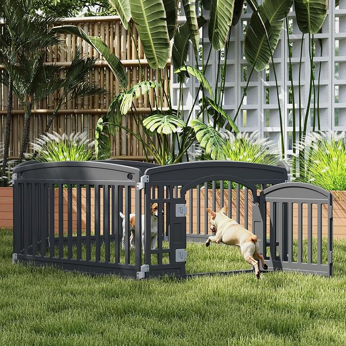 DUMOS Dog Playpen 6 Panel 24" Plastic Exercise Indoor Pen with Door Small Puppy, Medium Dogs Animal Pet Fence for Outdoor, Garden, Yard, RV Camping - Black