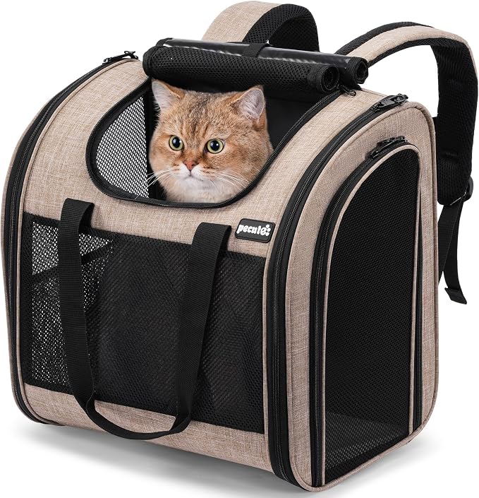 Pecute Cat Backpack with Widened Interior Space, Upgraded Dog Backpack Carrier with Various Ways to Carry, Pet Backpack with Breathable Mesh, Pet Travel Carrier with Soft Padded,Khaki | Breathable Mesh, Reinforced Support, Various Carry Ways, Ergonmic ...