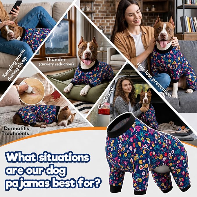 LovinPet Dog Pajamas Apparel for Giant Dogs, Pitbull Clothes, Stretch Knit, Hawaiian Flowers Print, Big Dogs Pullover Onesie, Pajamas for Pitbulls, Pitbull Onesie, Full Coverage Big Dog Pjs, 2XL