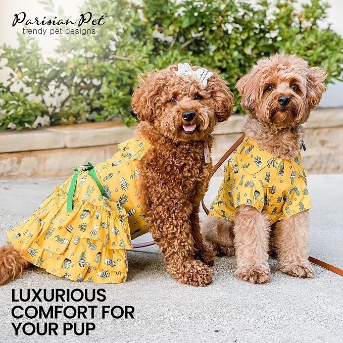 Parisian Pet Cactus Dog Shirt - Cotton Clothes for Small Dogs - Stylish Tropical Yellow Dog Outfit - Lightweight and Soft Puppy Clothes - Trendy Tshirts for Dogs - Comfortable Summer Camp Pet Apparel