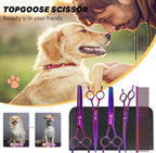 Dog Grooming Scissors Kit, Professional 6 in 1 Pet Scissors Sharp Shears Set - Straight, Thinning, Chunker, Curved Shears and Comb for Long Short Hair for Dog Cat (Set, Purple)