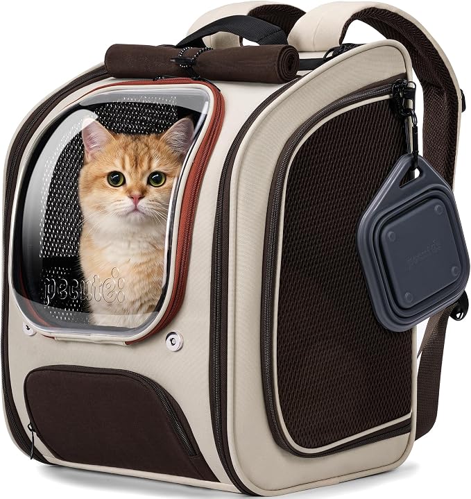 Pecute Dog Backpack Carrier,Large Space Dog Bubble Backpack,Ergonomic,Khaki | Color Blocking,Sunshade curtain,Folding bowl,Transparent window,Sturdy,Large mesh on both sides for breathability