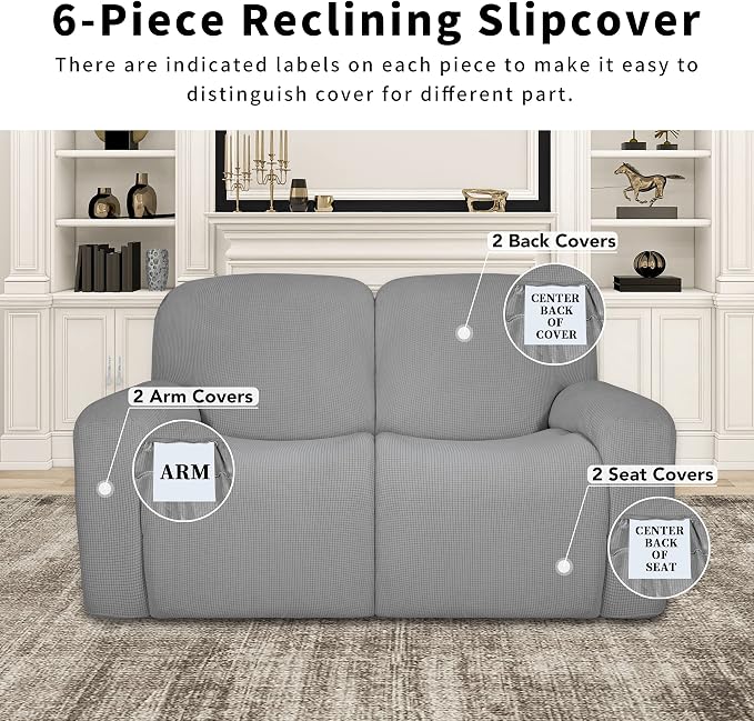 Easy-Going 100% Dual Waterproof Recliner Loveseat Cover, 6-Pieces Stretch Relining Sofa Cover with Pocket, Jacquard 2 Seat Sofa Slipcover Leakproof Washable (Loveseat, Light Gray)