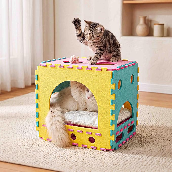 Cat Houses for Indoor Cats, Cute Cat Bed Cave with Soft Pillow, Cat Cube for Multiple Large Cats, Fun Dice Shaped, 17 Inches