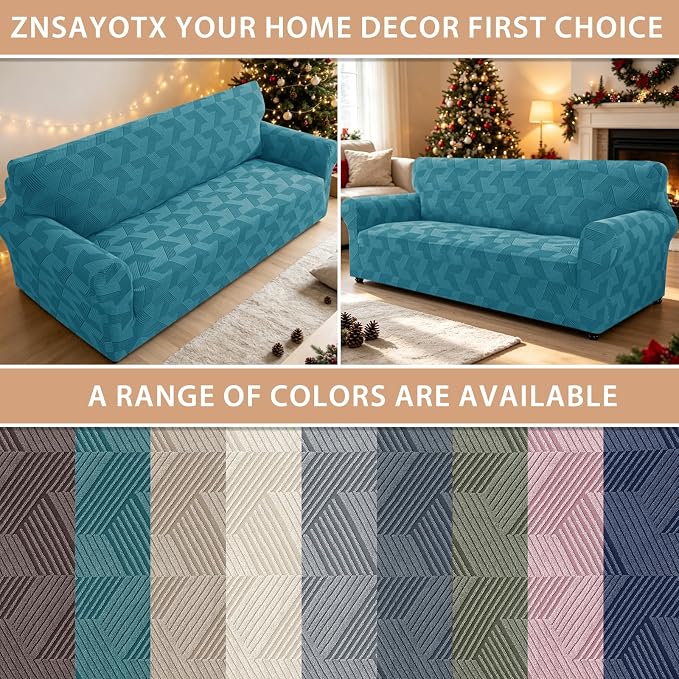 ZNSAYOTX Stretch Oversized Couch Covers for 3 Cushion Couch, 1-Piece Extra Large Sofa Cover Slipcover, Furniture Protector with Elastic Bottom Geometrical Jacquard Fabric (X-Large, Peacock Blue)