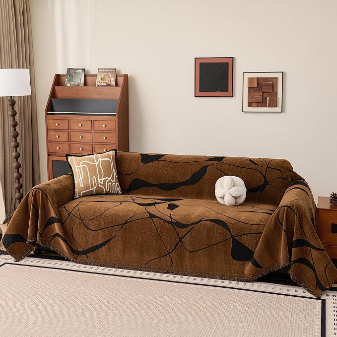 Couch Cover Washable for Dogs, Chenille Loveseat Sofa Covers Pet Friendly Marble Patterned Couch Covers Thick Dark Brown Soft Slipcover, 71" x 118"