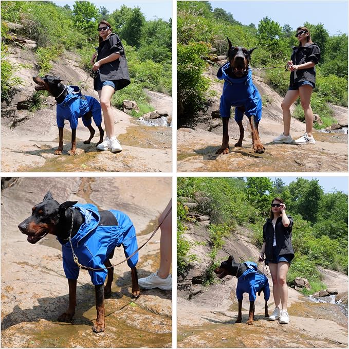 LOVELONGLONG Waterproof Dog Raincoat with Removable Hood – Outdoor Full Body Dog Jacket, Windproof Snowproof Shell Suit – All Season Pet Rain Gear Blue S+