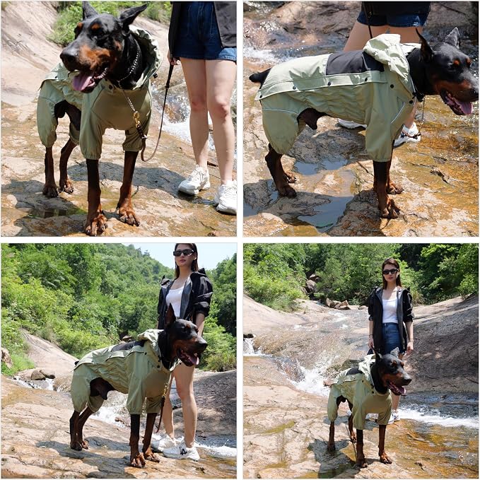LOVELONGLONG Fleece-Lined Dog Raincoat with Removable Hood – Waterproof Winter Full Body Dog Jacket – Windproof Snowproof Cold-Weather Suit – Green-F S
