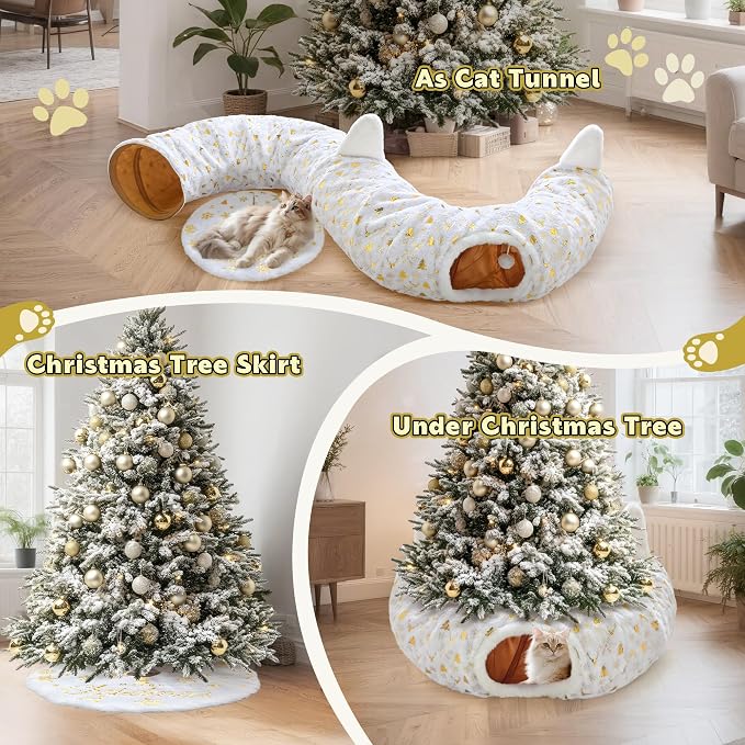 Cat Tunnel Christmas Tree Skirt, Cat Tunnel Bed with Hanging Toy Ball, Foldable Plush Cats Cave Donut Tunnel Christmas Decorations, Kitty Tunnel for Indoor Kitten Rabbit Puppy, White Gilded