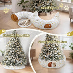 Cat Tunnel Christmas Tree Skirt, Cat Tunnel Bed with Hanging Toy Ball, Foldable Plush Cats Cave Donut Tunnel Christmas Decorations, Kitty Tunnel for Indoor Kitten Rabbit Puppy, White Gilded