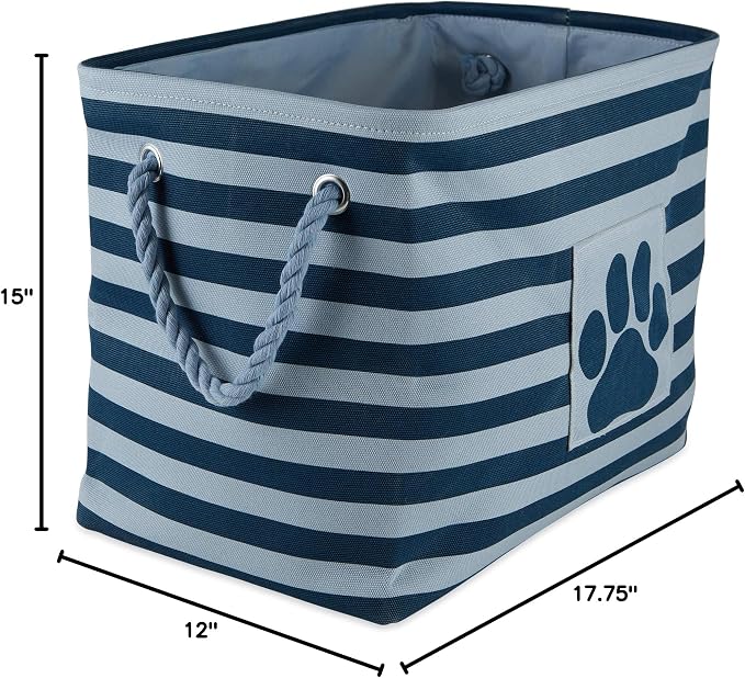 Bone Dry Pet Storage Collection Striped Paw Patch Bin, Dark Navy, Large Rectangle