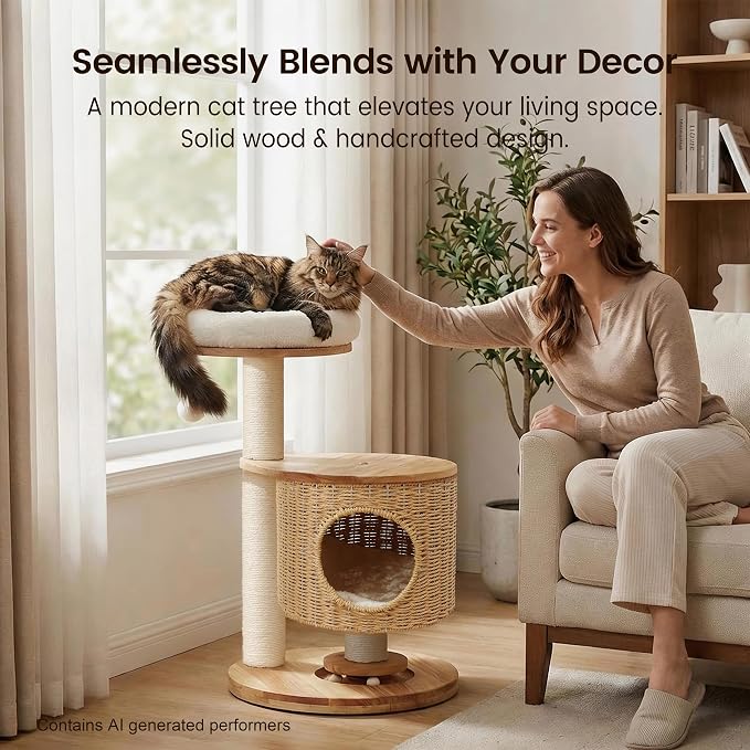 Solid Wood Cat Tree for Indoor Cats, Modern Cat Tower with Hand-Woven Condo & Sisal Scratching Post, Sturdy Wooden Cat Tree with Plush Perch, Aesthetic Cat Furniture for Small to Medium Cats