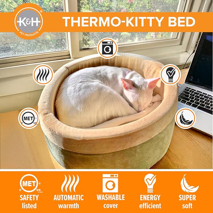K&H Pet Products Thermo-Kitty Bed Heated Cat Beds for Large Indoor Cats & Dogs, Calming Warming Pillow Pet Bed, Machine Washable, Removable Heater, Safety Listed - Large 20" Round Sage/Tan