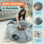 WiskaDen XL Plush Cat Tunnel Bed with Toy and Elderly Feline Access. 3-in-1 Dark Grey Fluffy Donut Cushion with Ears. Circle Tube for Indoor Cats Leisure, Hiding Spot, Dog Bed, or Rabbit Cave
