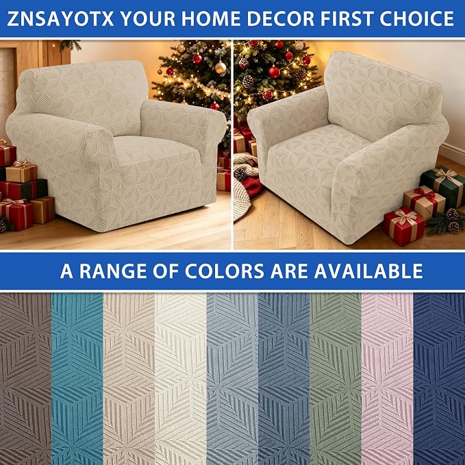 ZNSAYOTX Stretch Chair Cover, 1 Piece Couch Covers for 1 Seat Sofa, Jacquard Armchair Slipcovers with Elastic Bottom Thickened Furniture Protector for Dog Cat Pet (Small, Khaki)