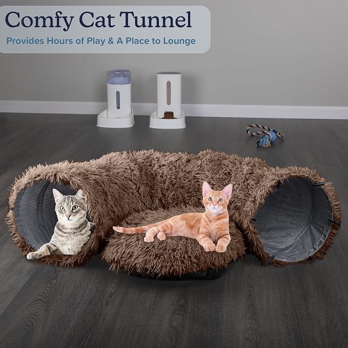 Cat Tunnel with Bed for Indoor Cats - 3FT Multifunctional Cat Tunnel Bed with Toys - Soft, Plush Peekaboo Cat Cave for Kittens, Cats, Ferrets, and Rabbits - Cat Products by PETMAKER (Brown)