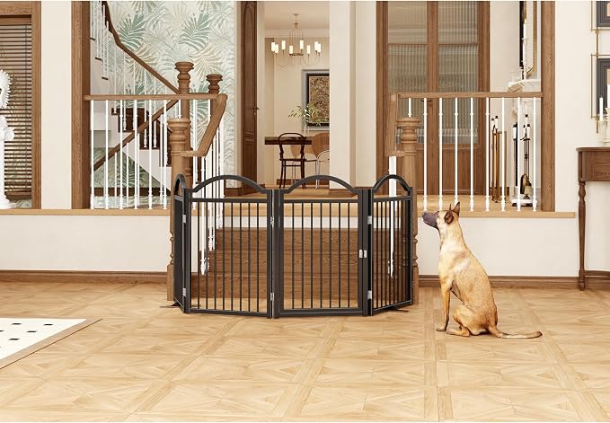BHG Metal No-Assembly Freestanding Dog Gate with Door Walk Through, Extra Wide 96", Extra Tall 32" Pet Gate, Accordion Puppy Folding Playpen Dog Fence for Indoor & Outdoor, with 2PCS Support