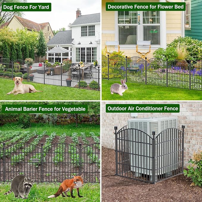 10 Panel No Dig Decorative Garden Fence with Gate 24" H x 20'L Dog Barrier | Rustproof welded steel with lock gate, deep stakes for yards, patios. Modular design contains pets, rabbits, small animals.