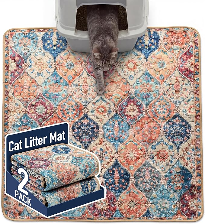 Hompet Cat Litter Mat 2 Pack, 36x36 Large Machine Washable Trapping Mats for Cats, Super Absorbent & Urine-Proof Cat Litter Box Mat for Floor, Waterproof & Non Slip Kitty Litter Rug