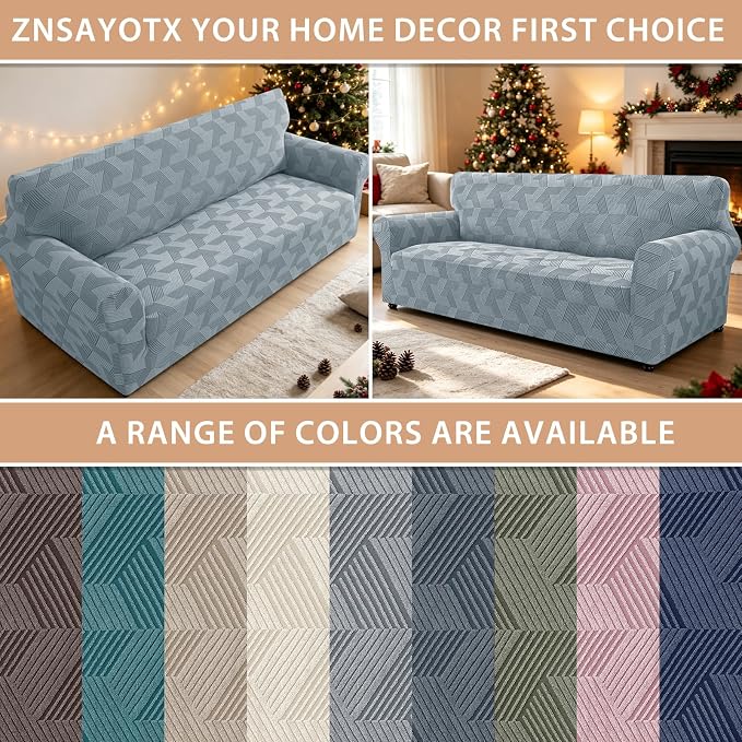 ZNSAYOTX Stretch Oversized Couch Covers for 3 Cushion Couch, 1-Piece Extra Large Sofa Cover Slipcover, Furniture Protector with Elastic Bottom Geometrical Jacquard Fabric (X-Large, Light Grey)