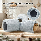 Tempcore Plush Cat Tunnel for Indoor Cats, 3 Way Collapsible Pet Play Tunnel with Teaser Wand, Peek Holes & Hanging Ball, Interactive Tube for Kittens & Rabbits, Light Grey