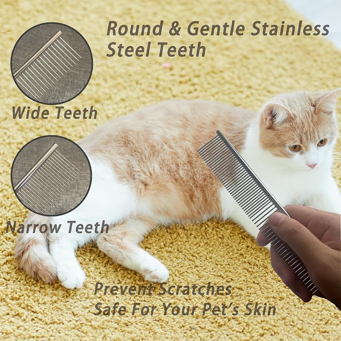 Cat Grooming Brush Kit 6 Tools - Deshedding & Dematting for Long/Short Hair, Self-Cleaning Slicker Brush with 6-in-1 Flea Comb for Cats & Kittens (White)