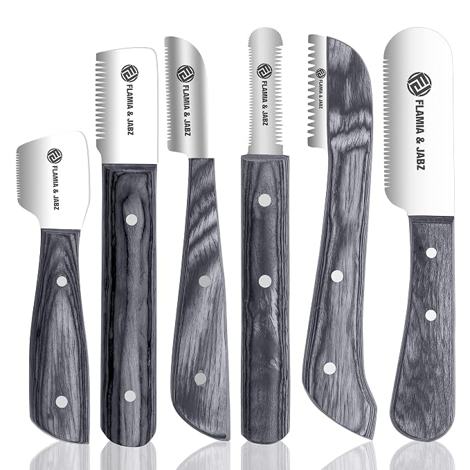 FJ Professional Stripping Knife kit (6 pieces set) for Dogs & Pets, Wooden Handle Grip with Stainless Steel Blade (Right handed) (Black)