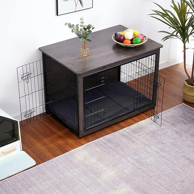 DWANTON Dog Crate Furniture with Cushion, Wooden Kennel Table with Double Doors, Indoor Dog House, Large Size, 38.5" L, Dark Gray