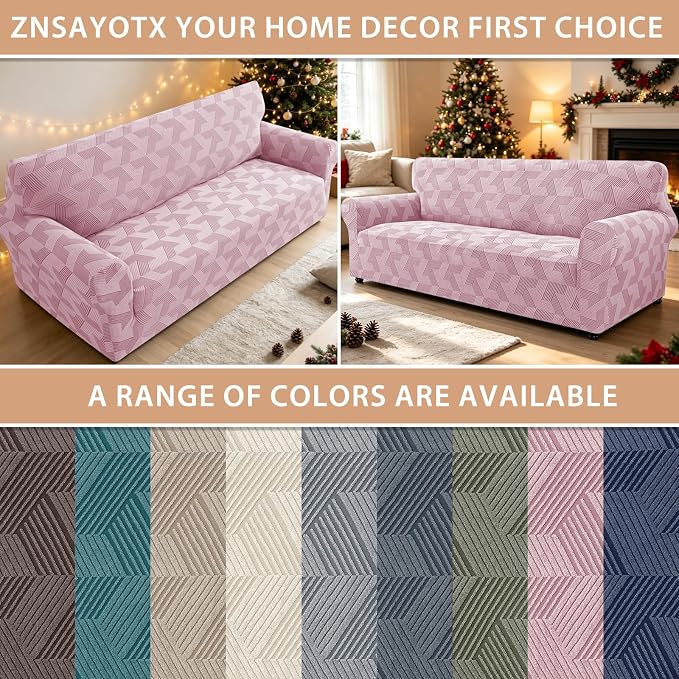 ZNSAYOTX Stretch Couch Covers for 3 Cushion Couch, 1-Piece Sofa Cover Slipcover Pet Friendly, Furniture Protector with Elastic Bottom for Dogs Geometrical Jacquard Fabric (Large, Dusty Pink)