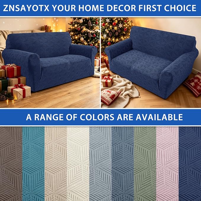 ZNSAYOTX Stretch Couch Cover, 1 Piece Sofa Covers for 2 Cushion Couch, Jacquard Loveseat Slipcovers with Elastic Bottom Thickened Furniture Protector for Dog Cat Pet (Medium, Navy Blue)