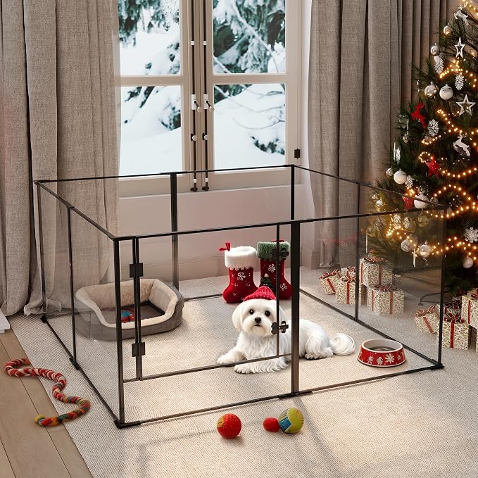 Acrylic Dog playpen Indoor: Clear Puppy Pen for Small Medium Dogs Cats with Metal Frame - 8panels 24inch Tall Transparent pet Fence with Door for Rabbits Guinea Pig