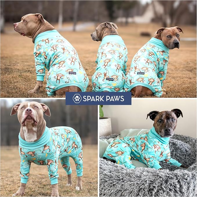 Spark Paws Dog Pajama, Dog Recovery Suit Male, Onesie, Ultra-Soft and 4-Way Stretch, for Small Medium and Large Breeds - Monkey Business - S