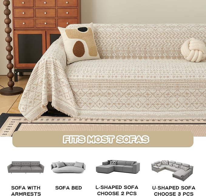 Boho Couch Cover for Sectional Sofa, Chenille Loveseat Sofa Covers Washable Pet Friendly Geometric Couch Covers