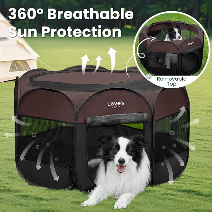 Love's cabin Pet Puppy Dog Playpen, Small Dog Tent Crates Cage Indoor/Outdoor, Portable Playpen for Cat, Foldable Pop Up Dog Kennel Playpen with Carring Case, Removable Zipper Top, Brown