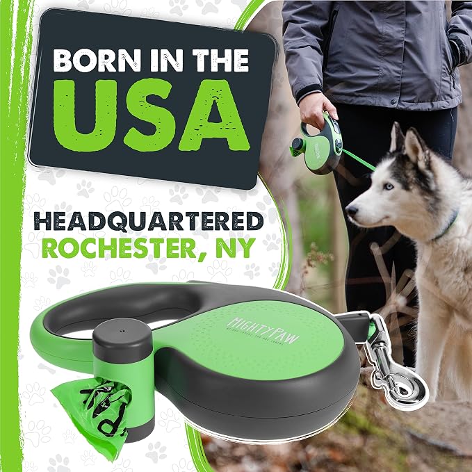 Mighty Paw 16' Retractable Dog Leash with Poop Bag Holder, Large Pets | Quick-Lock Brake, 360° Tangle-Free Swivel Clip, Reflective Nylon Tape, Stainless Steel Coil, U-Shaped Guide, Bulk Value