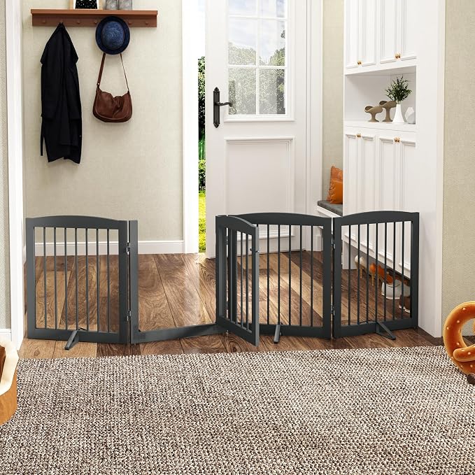 PUPETPO Freestanding Dog Gate with Door, Pet Gate for Stairs, 80 inch Wide Pet Barrier Indoor, Dog Fences Indoor, Support Feet Included, 4 Panels, 24" Tall, Grey