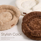 FUKUMARU Round Cat Bed, Plush Washable Calming Dog Bed with Low Entry | Raised Bolster Small Dog Bed, Soft Cozy Donut Cat Bed for Indoor Cats, Faux Rabbit Fur & Anti-Slip Bottom, 20 Inch, Cream