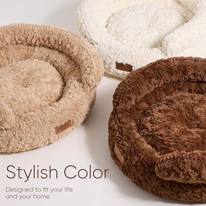 FUKUMARU Round Cat Bed, Plush Washable Calming Dog Bed with Low Entry | Raised Bolster Small Dog Bed, Soft Cozy Donut Cat Bed for Indoor Cats, Faux Rabbit Fur & Anti-Slip Bottom, 20 Inch, Cream