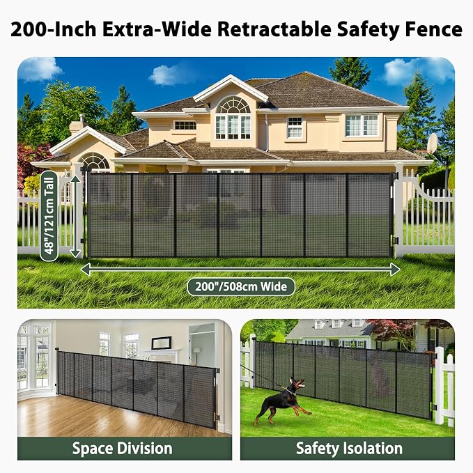 200" Retractable Baby Gates Extra Wide Dog Gates for Doorways,Black | 48" Extra Tall Pet Gate Retractable Dog Gate, Long Baby Gate Retractable Fence Outdoor, Driveway Gate Retractable Garage Gate