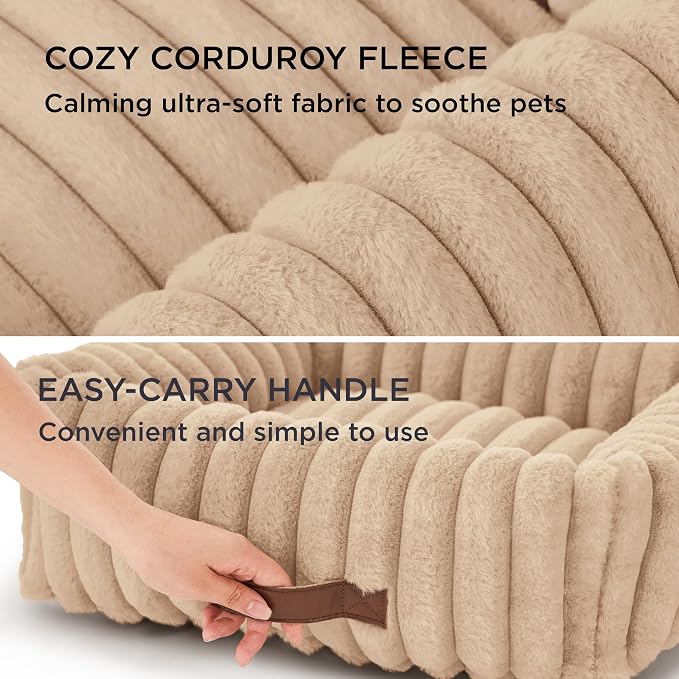 Bedsure ComfyFleece™ Cute Dog Bed Medium Large Size Dog，33in Sandy Beige | Furry Big Pet Beds,Washable Rectangle Orthopedic Corduroy Aesthetic,Removable Zipper Cover,Non-Slip Bottom,Up To 50 Lbs
