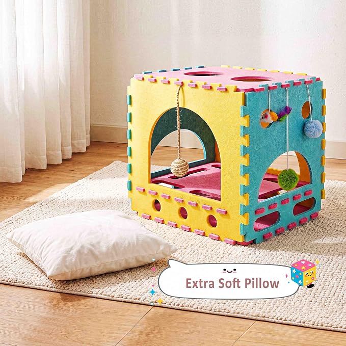 Cat Houses for Indoor Cats, Cute Cat Bed Cave with Soft Pillow, Cat Cube for Multiple Large Cats, Fun Dice Shaped, 17 Inches