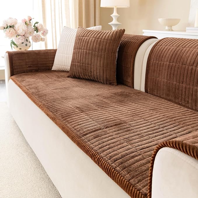 Velvet Washable Dog Couch Cover, Non-Slip Waterproof Pet Sofa Protector for Cushion Sectional, L-Shaped Sofa & Loveseat, Machine Washable(1PC/27.6"x94.5",Brown)