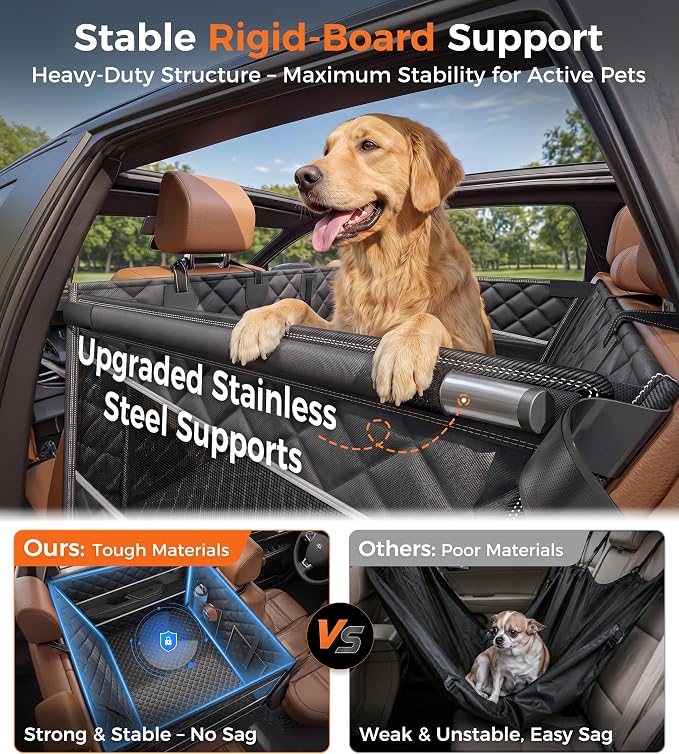 Doglike UNBREAK Hard Bottom Dog Car Seat for Back Seat [Military-Grade Protection], 450LB Ultra-Support Back Seat Extender for Dogs Carseat, Passenger Frinedly Waterproof Pet Carseat XL Size